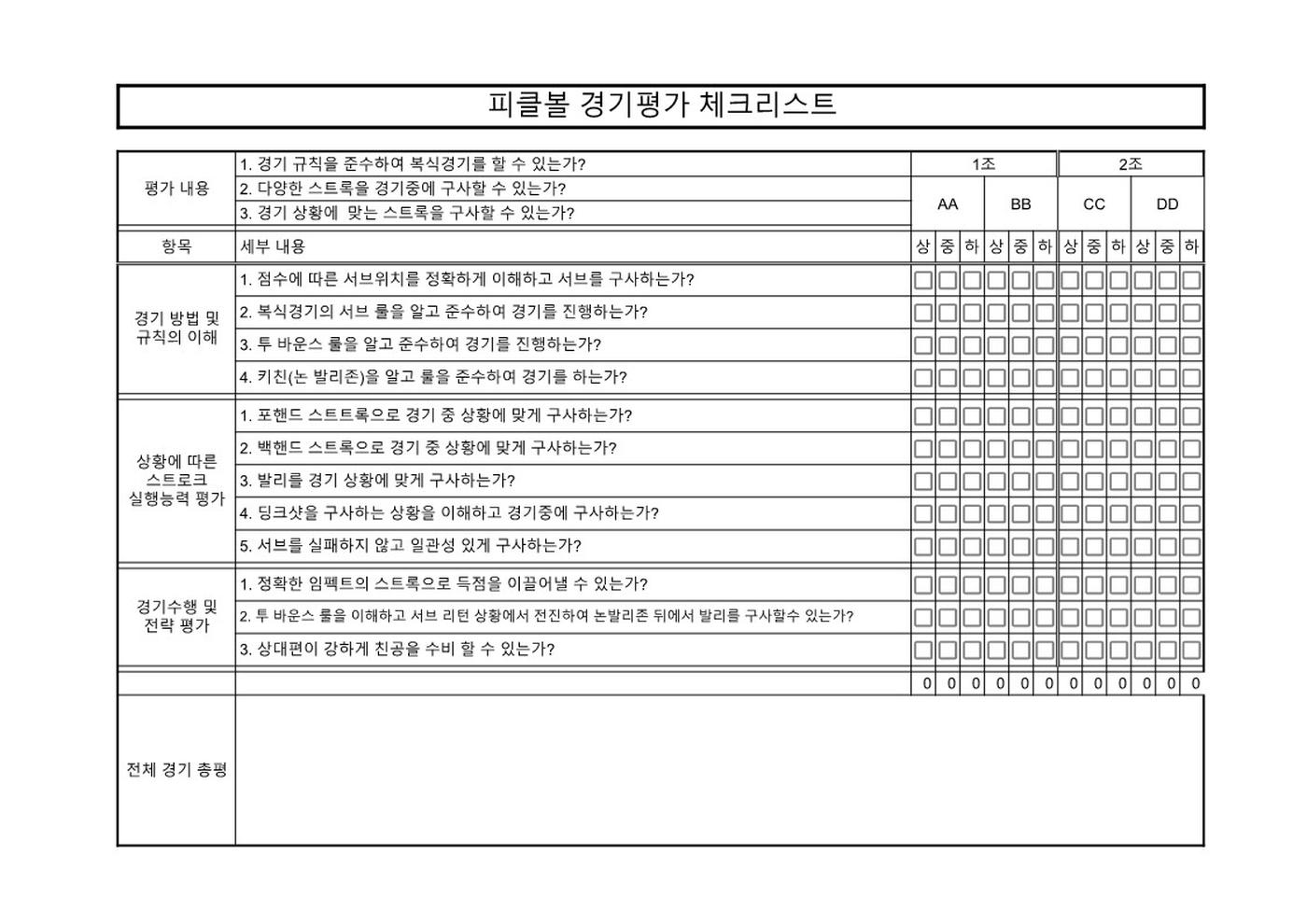 2024 피클볼 경기평가 체크리스트